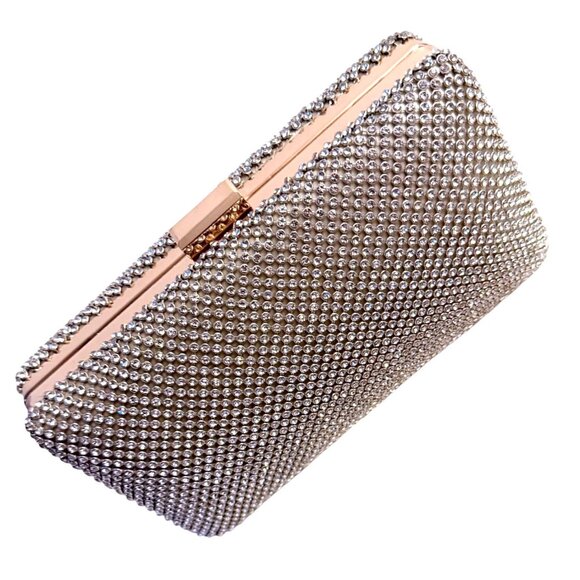 Sparkling Rhinestone Evening Clutch Purse Rose Gold Frame Link Chain Strap Linin